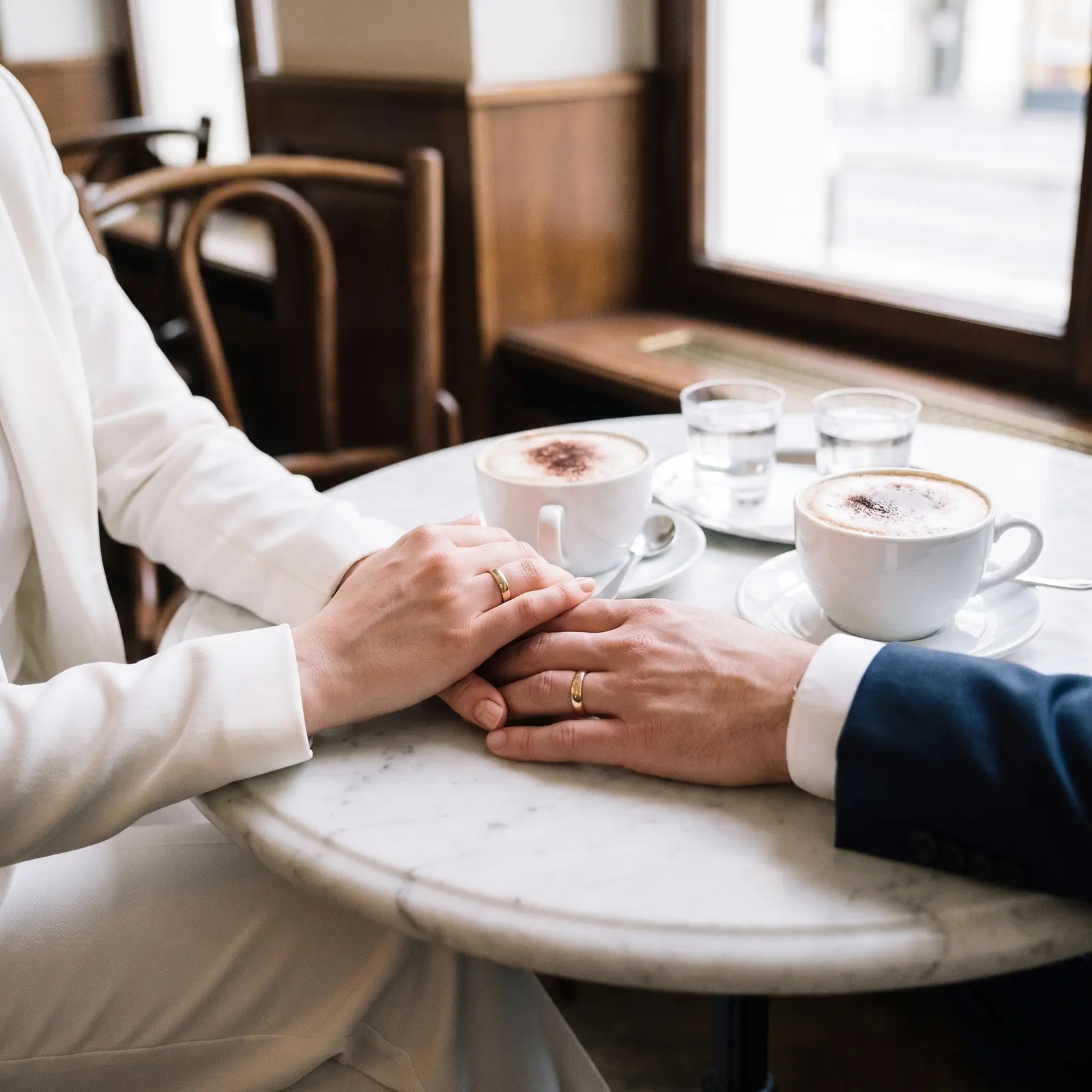 Zwei Hände mit Ringen, zwei Tassen Kaffee auf einem Marmortisch im Kaffeehaus