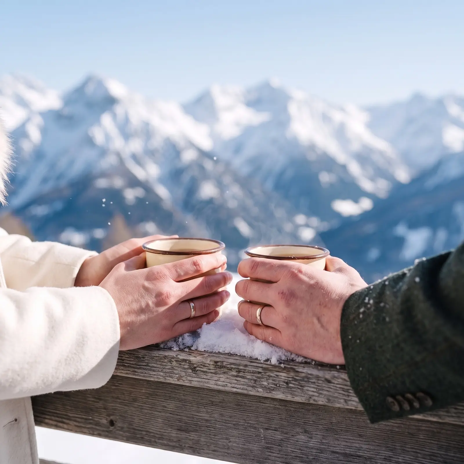 Zwei Hände mit Ringen halten Emaillebecher auf einem verschneiten Geländer