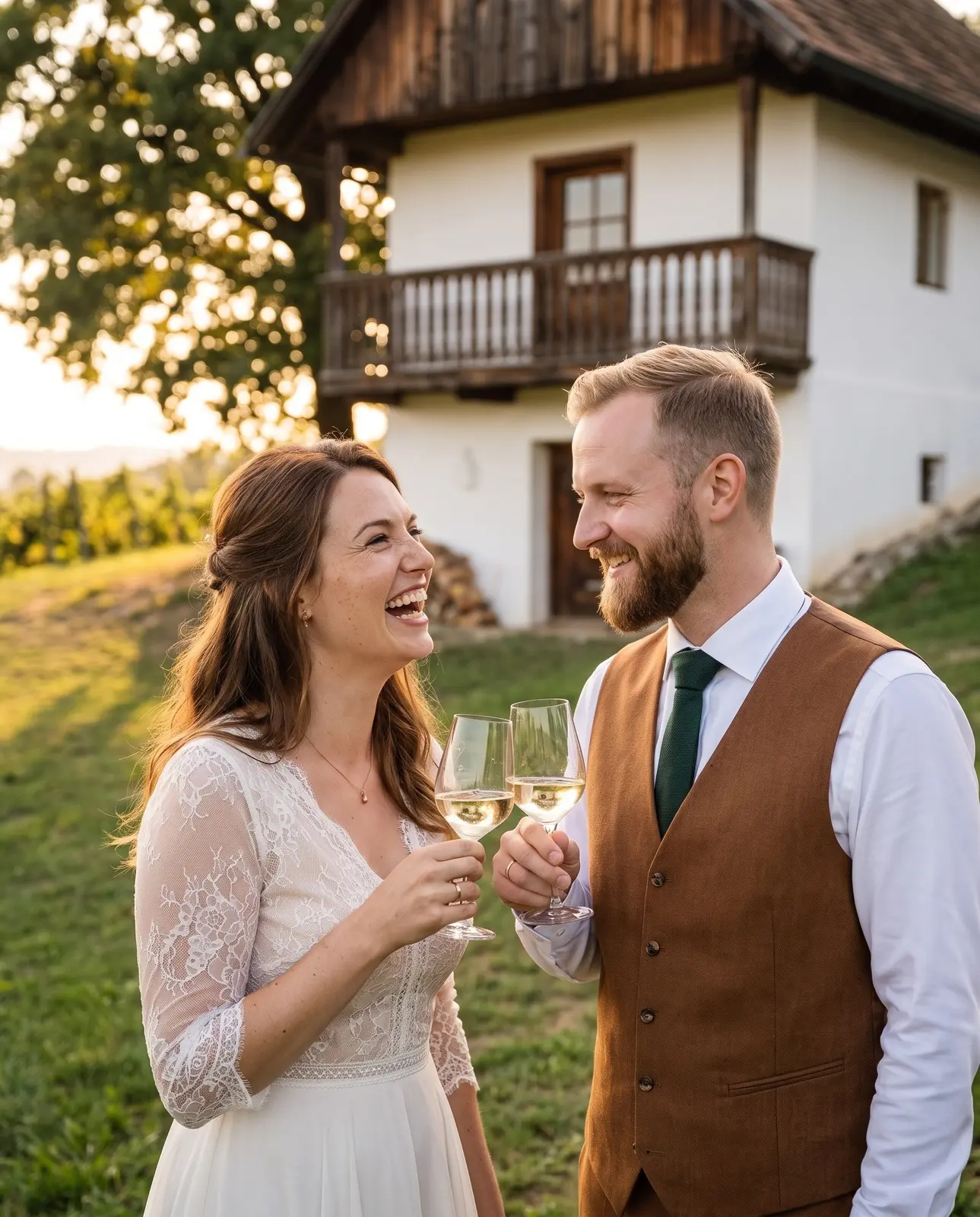 Johanna und Felix stoßen vor dem Kellerstöckl an