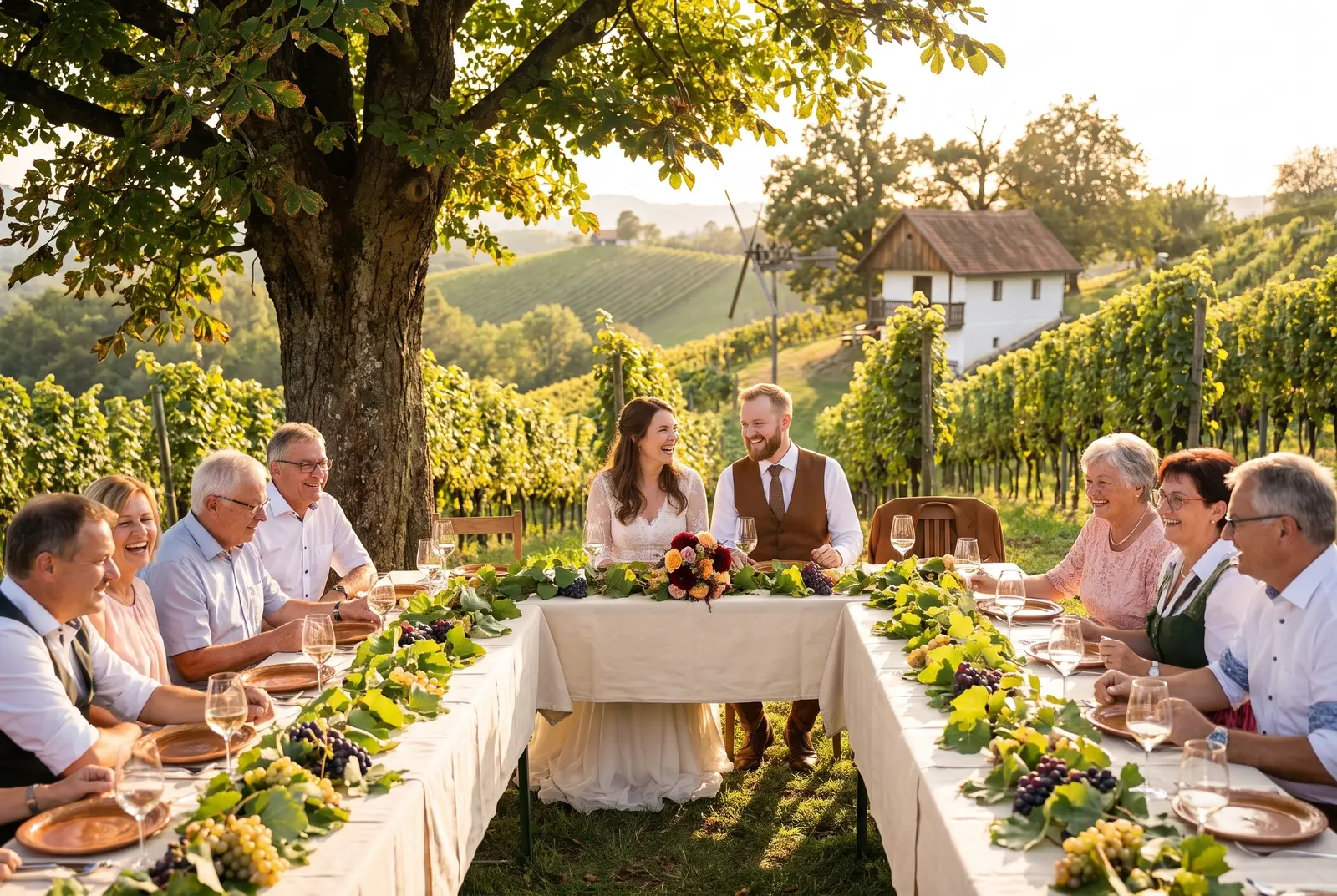 Die lange Tafel unter der Kastanie am Rand der Weingärten