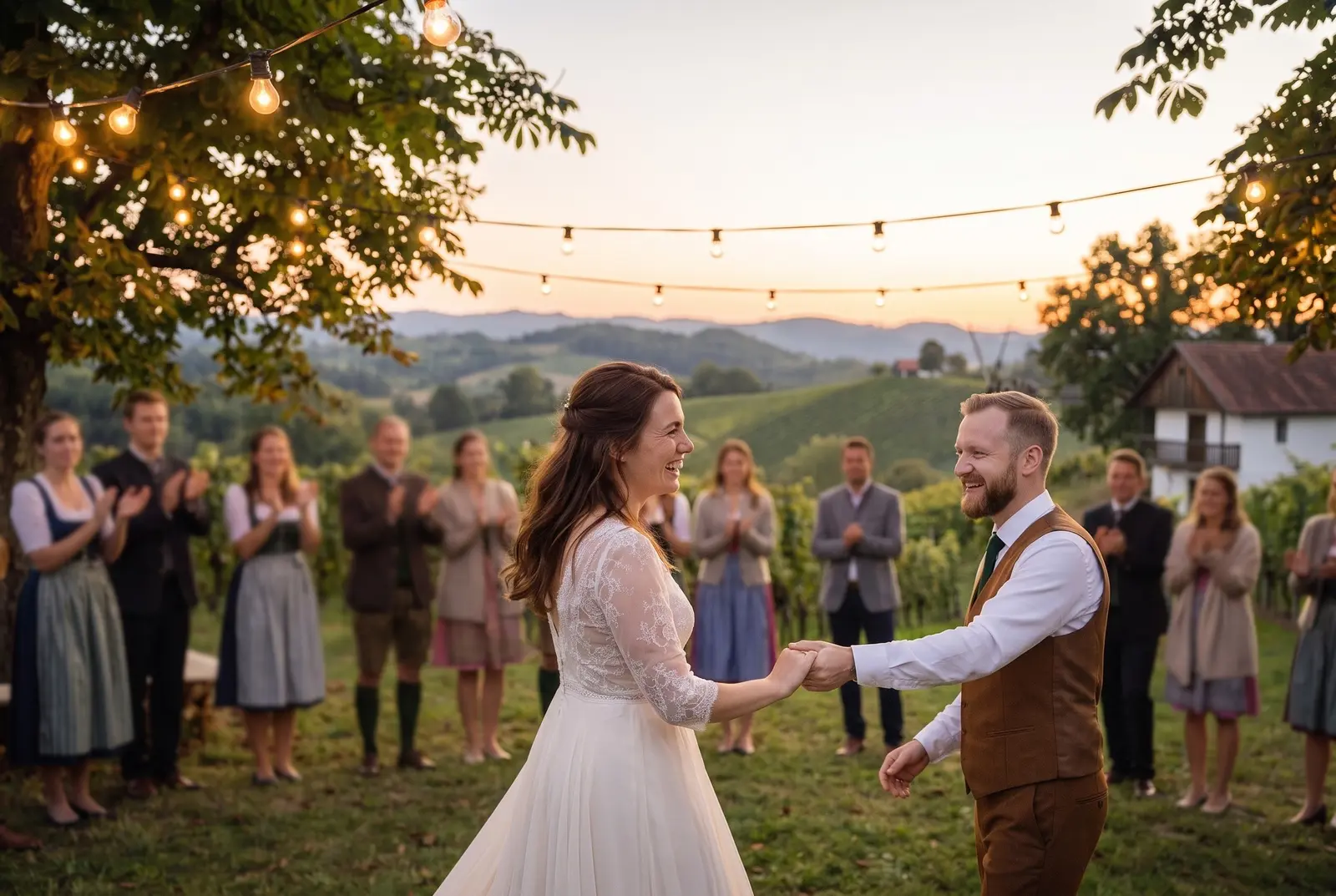 Johanna und Felix tanzen unter Lichterketten vor den Weinbergen